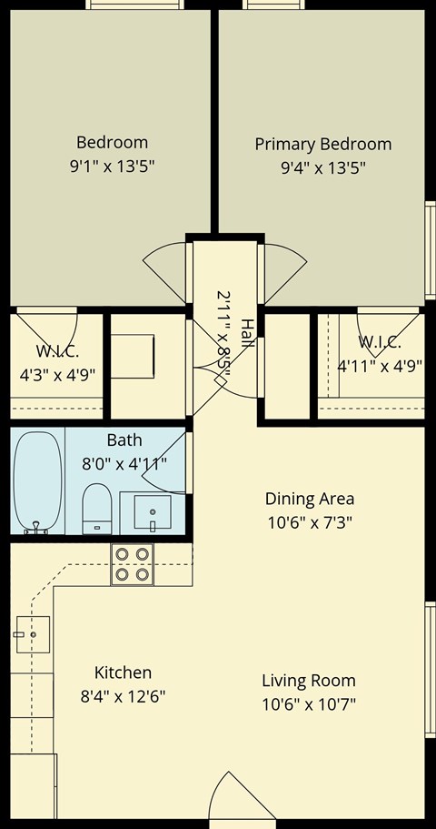 Floor plan for 2 beds, 1 bath